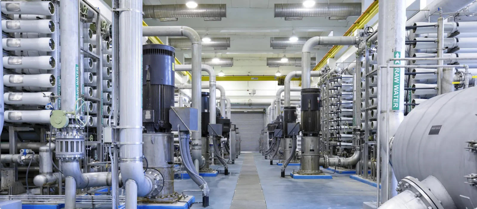 Reverse osmosis membrane racks inside a desalination plant