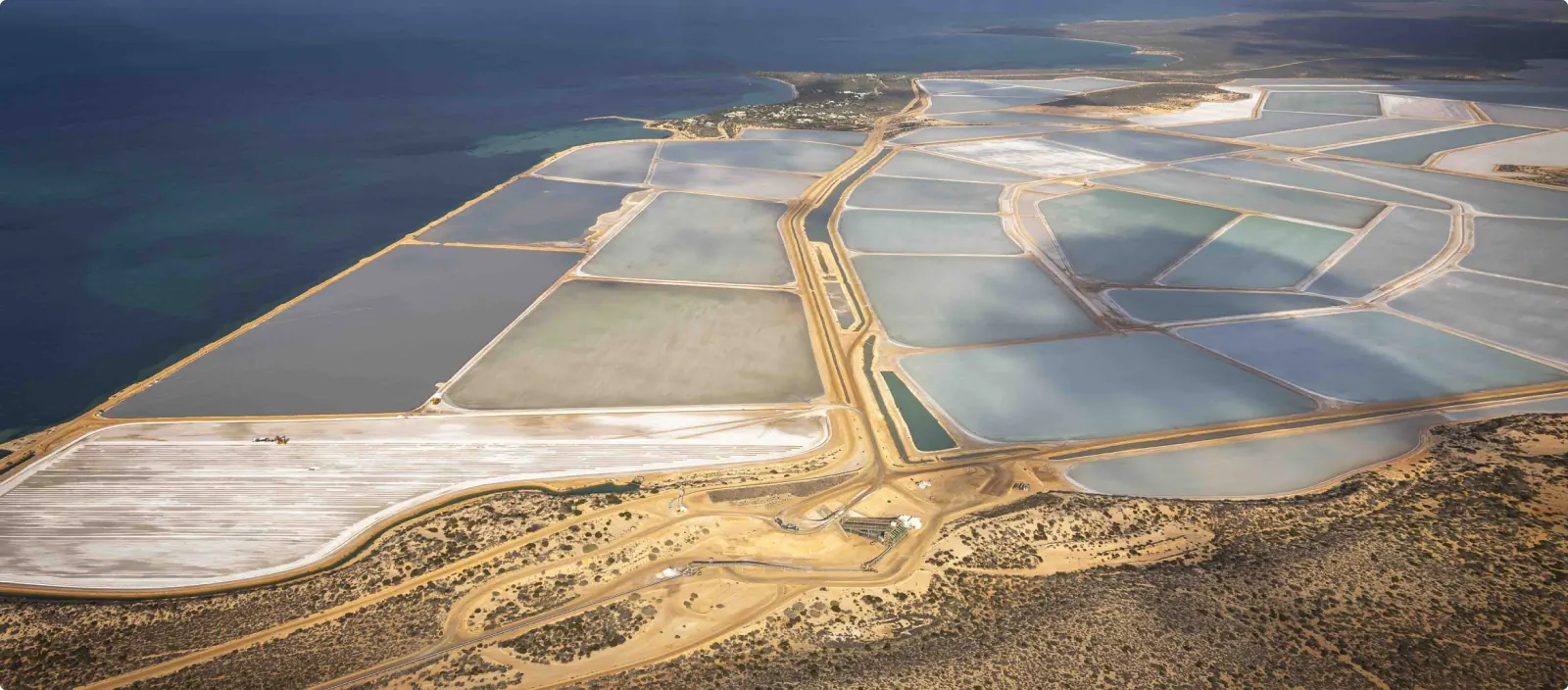 Aerial view of salt evaporation ponds